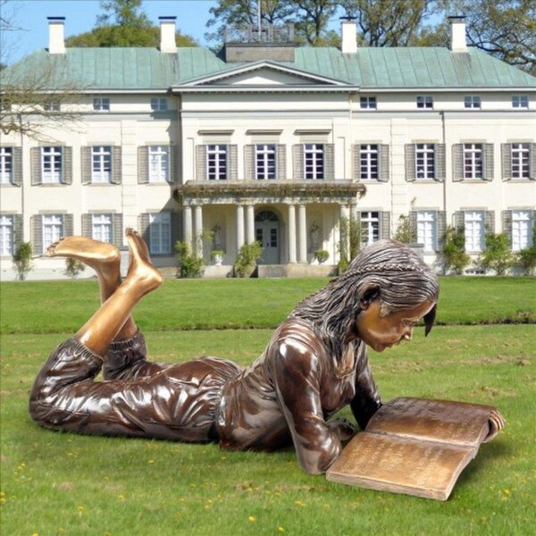 Female Young Scholar Reading Girl Bronze Statue Laying on Ground